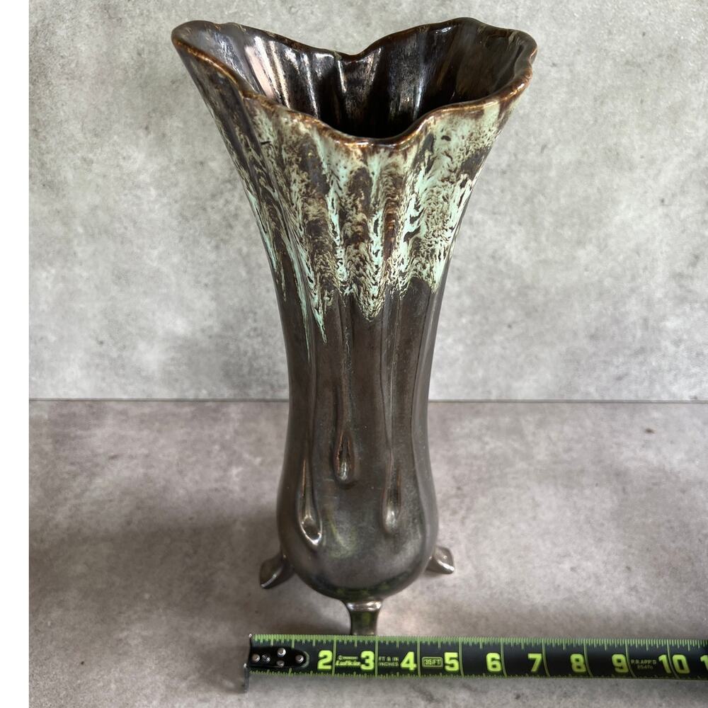 Mid century modern Metallic drip glaze ceramic large footed vase vintage unique - Picture 10 of 12